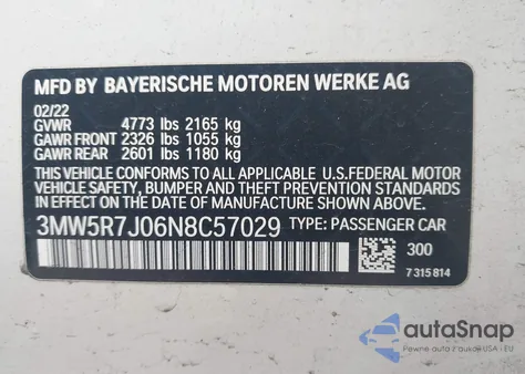2022 BMW 330I xDrive z USA, uszkodzony, nr VIN 3MW5R7J06N8C57029